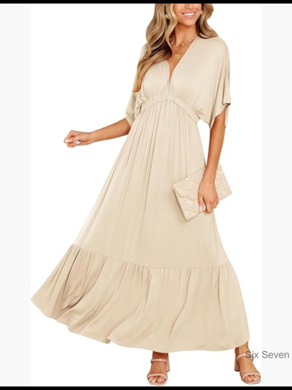 Rayon Spandex V Neck Batwing Maxi Dress Loose High Waist Flowy